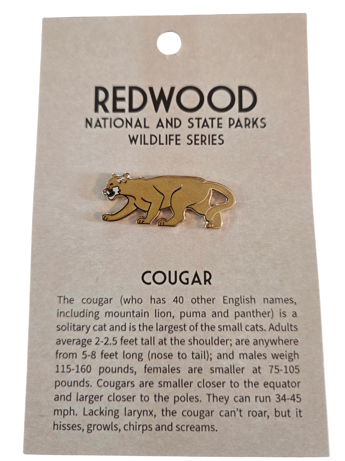 Redwood National & State Parks Wildlife Series Cougar Collector's Pin